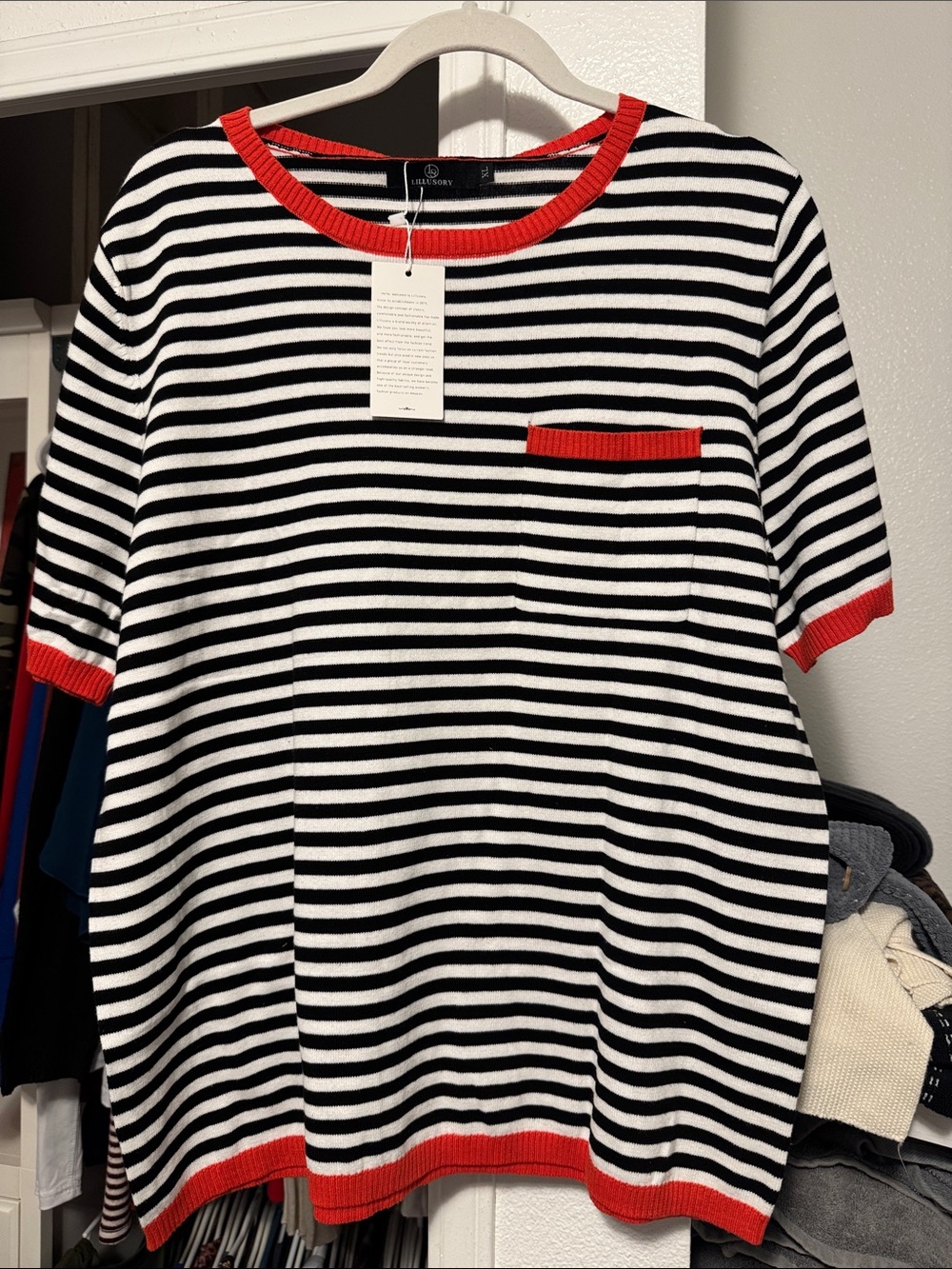 Striped Short Sleeve Knit Top with Red Trim